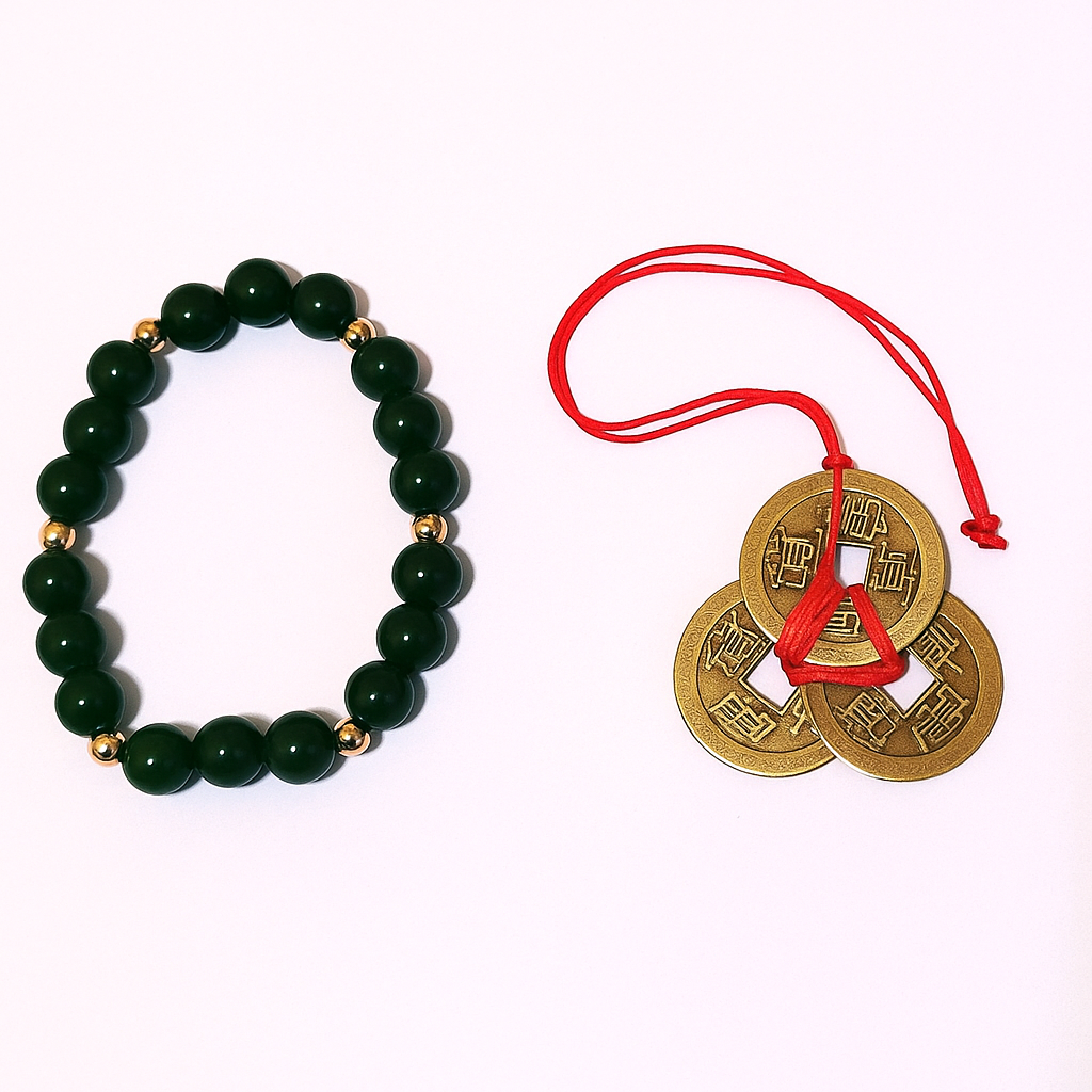 Green Jade Emperor's Fortune Combo bracelet with three Red String Feng Shui coins for wealth attraction